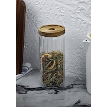 Timber Cam Kavanoz - Çizgili Saklama Kavanozu - Ahşap Kapaklı, 950 Ml