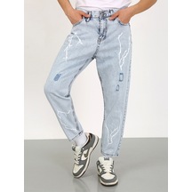 Boyfriend Şimşek Desenli Kot Pantolon Buz Mavi