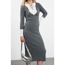 Ersefa Moda Slim Casual Günlük Fitilli Triko Polo Yaka Uzun Kol Bodycone Antrasit