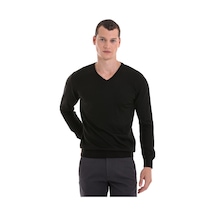 Hatemoğlu Siyah Regular Fit Düz V Yaka Yünlü Triko Kazak Siyah