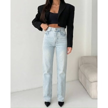Herton Kadın Açık Mavi Yüksek Bel %100 Pamuk Jean Pantolon - Düz Kesim Straight Denim Açık Mavi