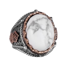 Gerçek Doğal Howlite Taş Yüzük, 925 Ayar Katı Gümüş Erkek Yüzüğü Gümüş