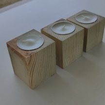 Doğal Ahşap Küp Mumluk 5 X 5 Cm 3 Lü Set Mum Dahil