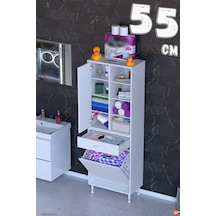 Afra 55 Cm 1 Gözlü Kirli Çamaşır Sepet, 1 Kapak Ve Çekmeceli 8 Raflı Çok Amaçlı Banyo Dolabı Beyaz