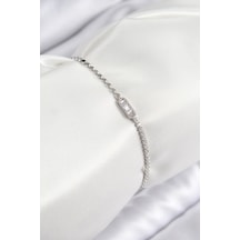 Pirinç Zirkon Taşlı Dikdörtgen Model Ezme Zincir Gümüş Renk Kadın Bileklik - Tj-bb7594 Gümüş