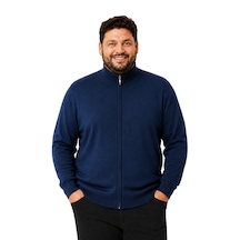 Battalmoda Erkek Büyük Beden İndigo Fermuarlı Dik Yaka Pamuklu Hırka 3xl-4xl-5xl-6xl
