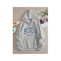 Tarzsokak Brooklyn Baskılı Üç İplik Ünisex Oversize Kapüşonlu Sweatshirt Gri