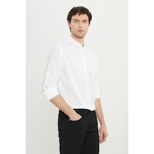 Erkek Beyaz Keten Comfort Fit Rahat Kesim Hakim Yaka Flamlı Gömlek Beyaz