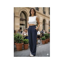 Unika Boutique Milano Premium Yüksek Bel Pileli Plazzo Kumaş Pantolon 2026 Laciverttt