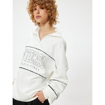 Koton Oversize Sweatshirt Yarım Fermuarlı Kolej Baskılı Şardonlu Ekru 5wal10035ık Ekru