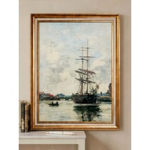 Gold Varaklı Vintage Çerçeveli Büyük Boy Tablo Klasik Yelkenli Gemi Sanat Eseri Dokulu Yağlı Boya Dekoratif Tablosu 50 X 70 Çerçeveli 60 X 80