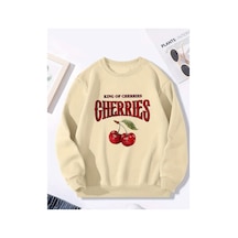 Herkesemoda Cherries Baskı Detaylı Bisiklet Yaka İçi Polarlı Sweatshirt Bej
