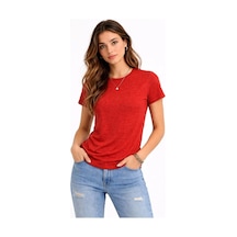 Marina Kadın Flam Kumaş Melanj Dokulu Regular Fit Tişört Bisiklet Yaka Yazlık T-shirt - Kiremit