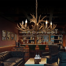 Zoye Ahşap 5'li Geyik Boynuzu Desenli Modern Kafe Restoran. Salon Avize Ahşap
