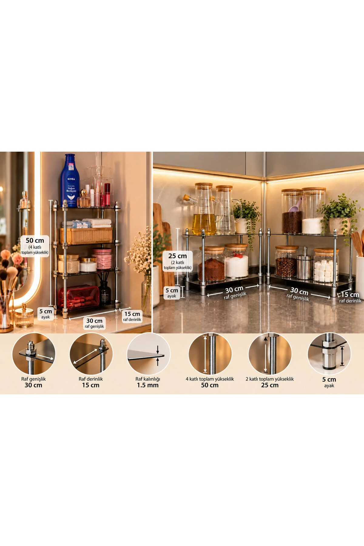 4 Katlı Modüler Krom Metal Raf Ve Düzenleyici - 2+2 Ayrı Kullanım Gri