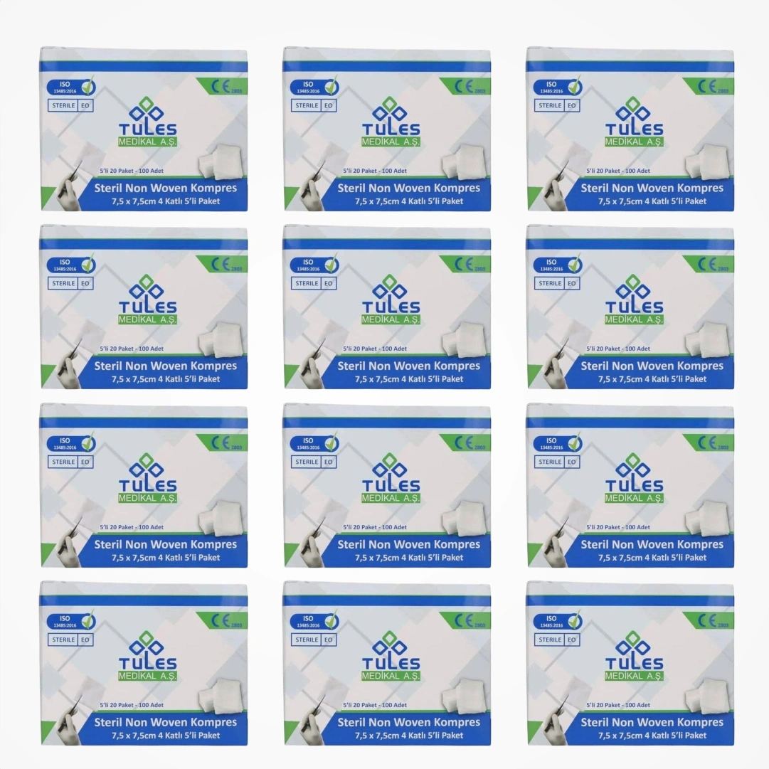 Tules Steril Non Woven Kompres 7,5 Cm X 7,5 Cm 4 Katlı 5 Li Zarf 100 Lü Kutu - 12 Kutu