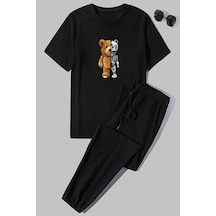 Uyguntarz Unisex Boys Bear Baskılı 2'li Eşofman Takımı Siyah