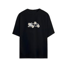 Noıssey Papatya Ve Kedi Tasarımlı Unisex Oversize T-shirt Siyah