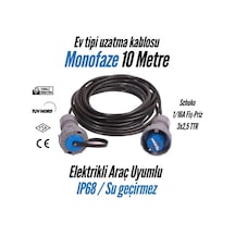 Bemis Elektrikli Araç Seyyar Uzatma Kablosu Monofaze-10 Metre-3x2,5 Ttr-1/16a Fiş Ip68 1/16a Priz 3x2,5 Ttr-1/16a Fiş Ip68 1/16a Priz