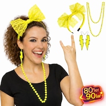 80 Ler 90 Lar Neon Sarı Parti Seti Kolye Küpe Taç 5691 "