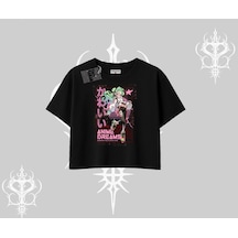 Tarzsokak Oversize Crop Tshirt Anime Kawaii Japon Kız Desenli Siyah