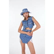 Holly Lolly H Baskılı Asimetrik Kesim Mini Jean Etek Mavi