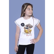 Toontoy Kids Toontoy Kız Çocuk Şerit Detaylı Baskılı Tişört Beyaz