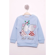 Toontoy Kız Çocuk Relax Fit Bisiklet Yaka Baskılı Sweatshirt - 2 İplik Mavi
