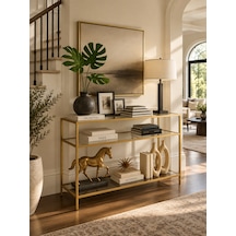Teknor Gold Metal Üç Katlı Şeffaf Cam 100cm Dresuar Modern Salon Ve Antre Konsolu