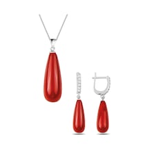 Gümüş Uzun Damla Model Kolye Küpe Mercan Taşlı Set