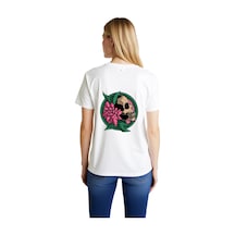 Paybuy Kadın Çizgi Sanat Kuru Kafa Çiçek Baskılı Rahat Kesim Kısa Kollu Beyaz