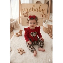 Kız Bebek Leopar Desenli Çıtçıt Zıbın Model Kalp Figürlü Bandanalı 3 Lü Takımı Kırmızı