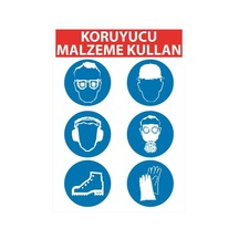 Koruyucu Malzeme Kullan 3 Uyarı Levhası 25 Cm X 35 Cm Sticker Etiket Beyaz - Mavi