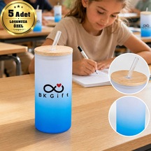 Logonuza Özel 5 Adet Pipetli Cam Matara 600 Ml Ahşap Kapaklı Kurumsal Suluk Mavi