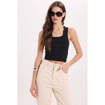 Tudors Kadın Slim Fit Dar Kesim Kalın Askılı Kare Yaka Siyah Atlet Bluz-51179