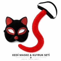Kırmızı Kedi Maske Ve Kuyruk Seti Parti Kostüm Aksesuarı 5264 "