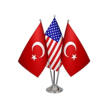 Masa Üstü Amerika Bayrağı Türk Bayrağı Üçlü Krom Direk Masa Bayra