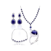 Safir Taşlı Damla Model 925 Ayar Gümüş Kadın Dörtlü Set 201025663