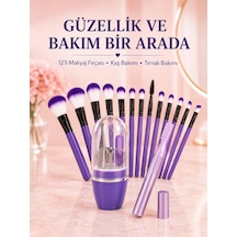 Kadın Makyaj Ve Kişisel Bakım Seti 12 Li Mor Makyaj Fırçası Kaş Düzeltici Ve Manikür Tırnak Bakım Se