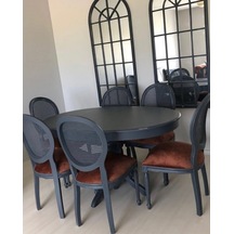 Masifart  120 cm Yuvarlak Baba Ayak Masa + 6 Sandalye Takımı Antrasit