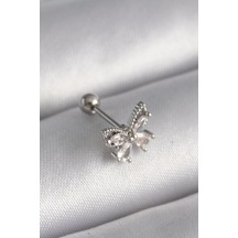 Mey İthalat 316l Çelik Gümüş Renk Zirkon Taşlı Kelebek Tragus Piercing