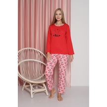 Kadın Penye Sıfır Yaka Uzun Kollu Pijama Takımı Kırmızı