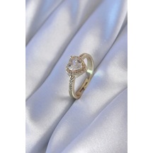 Gold Renk Zirkon Taşlı Kalp Model Pirinç Charm Kadın Yüzük Çok Renkli