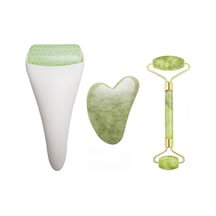 3'ü 1 Arada Ficial Face Ice Jade Roller Ve Gua Sha Aleti, %100 Doğal Gerçek Yeşim Kırışıklık Önleyici Yüz Gö