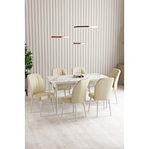 Vien Beyaz Mermer Desen 80 x 132 Açılabilir  Mutfak Masası 6 Sandalye Krem