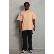 Erkek Düz Yazlık Kısa Kol Tişört Bisiklet Yaka Oversize T-shirt - Bej