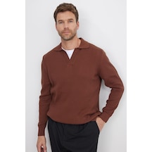 Tudors Erkek Standart Fit Normal Kesim Pamuklu Polo V Yaka Kahverengi Kazak-41863 Kahverengi