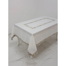 Nergis Jakar Bordürlü Keten Kumaş Krem Masa Örtüsü 160x230 Cm - 1136 Çok Renkli