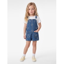 Koton Cepli Yıldız İşlemeli Pamuklu Kare Yaka Askılı Denim Salopet Tulum Orta İndigo 7wmg80003ad