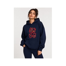 Herkesemoda Love Yazı Baskılı Kapüşonlu 2 İplik Şardonlu Sweatshirt Lacivert